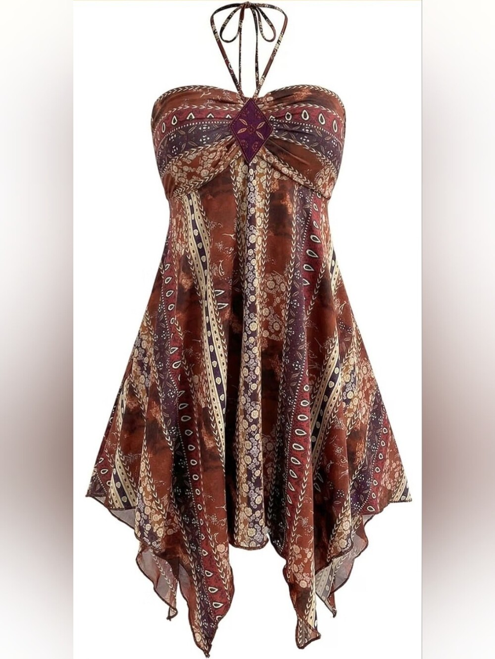 NWT Boho 70s Halter Mini Dress Embroidered Handkerchief Hem L